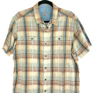 KÜHL‎ Men's Large Linen Cotton Plaid Short Sleeve Button Up Shirt Outdoor Hiking